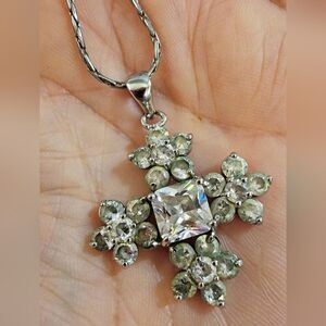 #Vintage Kirks Folly Rhinestone Flower Cross-Shaped Pendant Necklace #90s